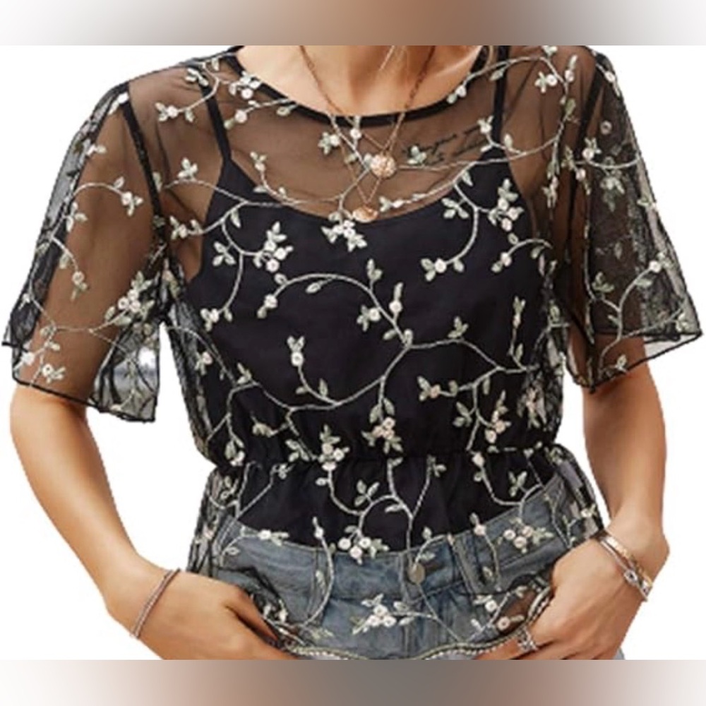 SHEIN Black Floral Embroidered Mesh Top
